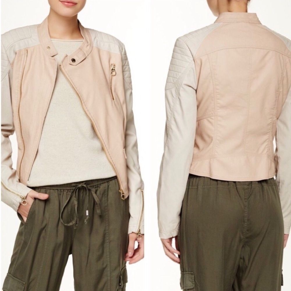 Laundry Blush-Beige Vegan Leather Asymmetrical Full Zip Moto Cropped Jacket Sz S